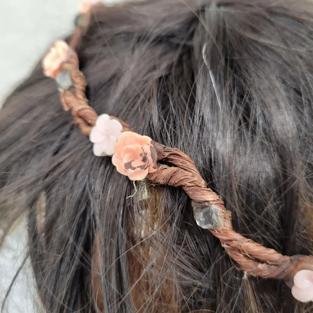 Floral Braided Headband Crown with Pink and Peach Flowers Bohi Hippie Festival